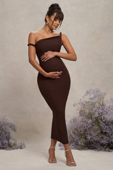 Chocolate Brown Twisted Asymmetric Maternity Midi Dress